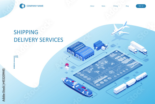 Isometric Logistics and Delivery concept. Delivery home and office. City logistics. Smart technology concept with global logistics partnership