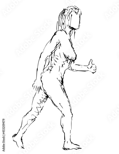 Doodle art illustration of a nude female human figure posing striding with thumb up done in continuous line drawing style in black and white on isolated background.
