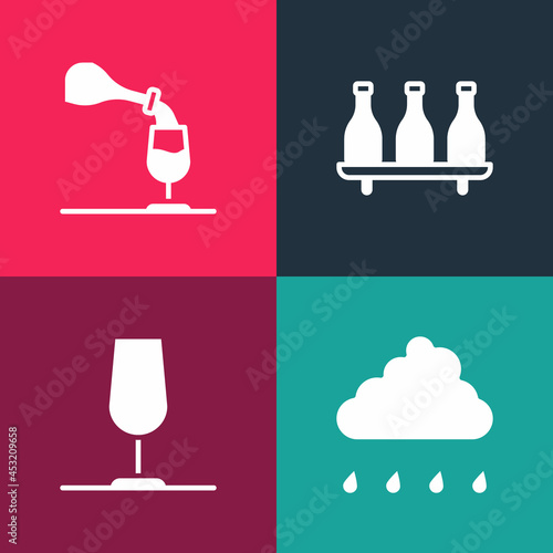 Set pop art Cloud with rain, Wine glass, Bottle of wine and tasting, degustation icon. Vector