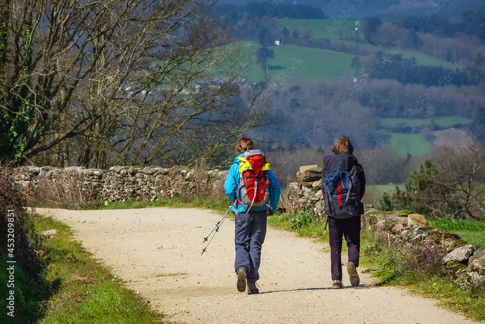 Fototapeta premium Two Pilgrim Hikers Walking on Road across Idyllic Galicia Countryside along the Way of St James Pilgrimage Trail Camino de Santiago