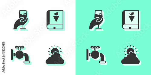 Set Sun and cloud weather, Wine tasting, degustation, Tap for barrel and Book about grapes icon. Vector
