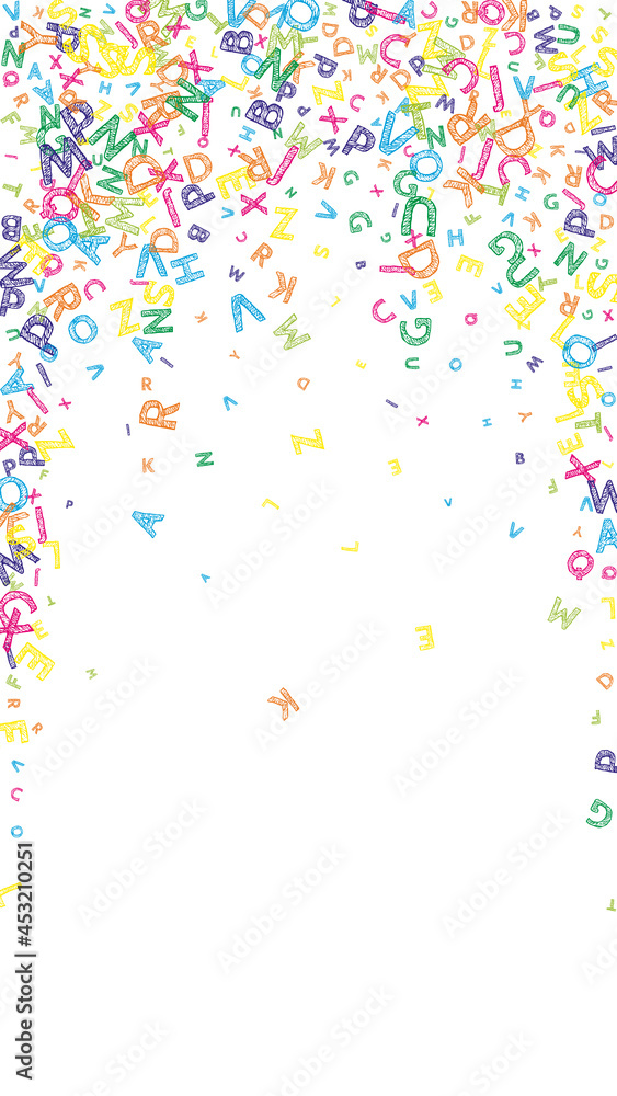 Falling letters of English language. Colorful messy sketch flying words of Latin alphabet. Foreign languages study concept. Splendid back to school banner on white background. Falling letters of English language. Colorful messy sketch flying words of Latin alphabet. Foreign languages study concept. Splendid back to school banner on white background.