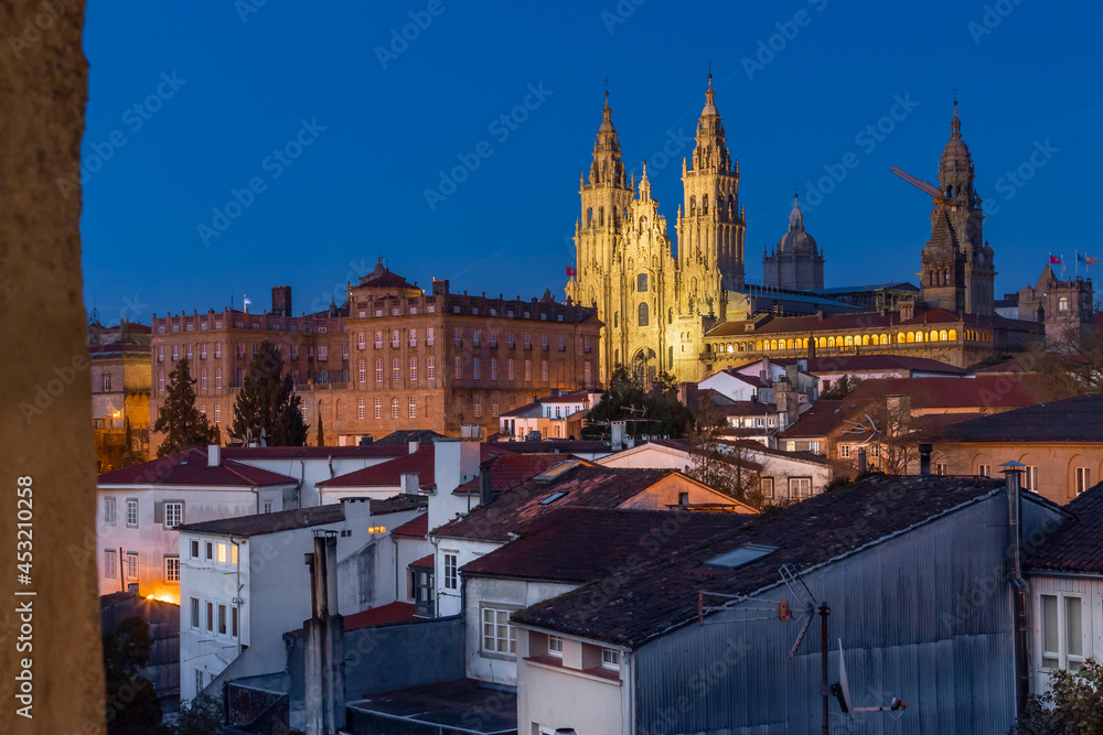 Evening Sunset View of Buildings in Santiago de Compostela Old Historic Center and the UNESCO World Heritage Cathedral on the Way of St James Pilgrim Trail Camino de Santiago Evening Sunset View of Buildings in Santiago de Compostela Old Historic Center and the UNESCO World Heritage Cathedral on the Way of St James Pilgrim Trail Camino de Santiago