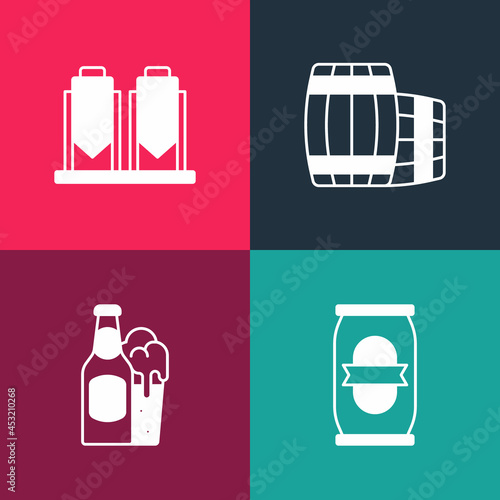 Set pop art Beer can, bottle and glass, Wooden barrel and brewing process icon. Vector