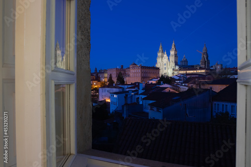 Window Night Blue Hour View of Buildings in Santiago de Compostela Old Historic Center and the UNESCO World Heritage Cathedral on the Way of St James Pilgrim Trail Camino de Santiago photo