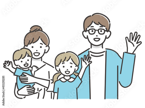 笑顔で手を振る、若い家族のベクターイラスト素材／シンプル／子供／夫婦／赤ちゃん