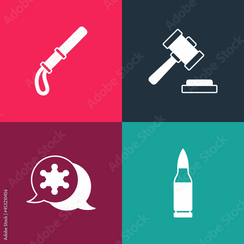 Set pop art Bullet, Hexagram sheriff, Judge gavel and Police rubber baton icon. Vector