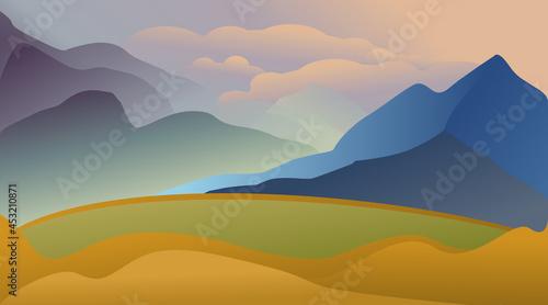 Mountain landscape, vector illustration. Blue high rock against the backdrop of the sunny sky. Meadow and glade. Delicate autumn shades. Sunset, dawn, fog. Colors: blue, orange, purple, green