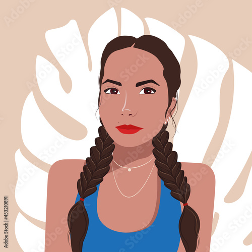 Vector portrait of a girl. Beautiful woman with brown hair. Girl With her hair in braids. Girl in a blue T-shirt on a beige background. Avatar for social networks. Illustration is drawn in flat style
