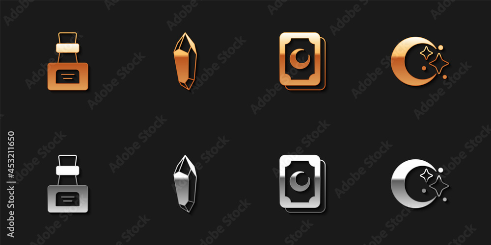 Set Bottle with potion, Magic stone, Tarot cards and Moon and stars icon. Vector Set Bottle with potion, Magic stone, Tarot cards and Moon and stars icon. Vector