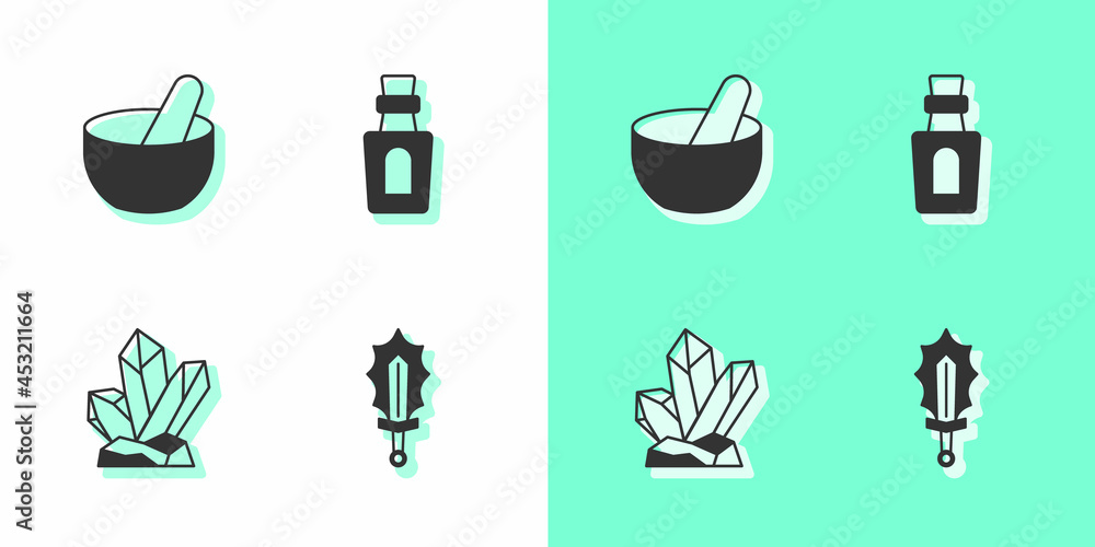 Set Magic sword in fire, Witch cauldron, stone and Bottle with potion icon. Vector