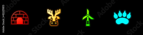 Set Igloo ice house, Deer head with antlers, Wind turbine and Bear paw footprint icon. Vector