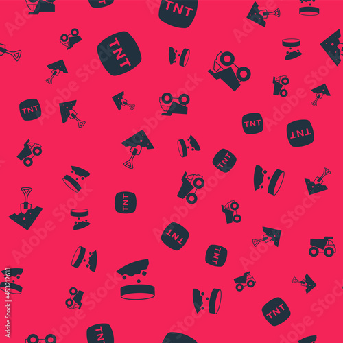 Set Giant magnet holding iron dust, Dynamite, Shovel and stone and Mining dump truck on seamless pattern. Vector