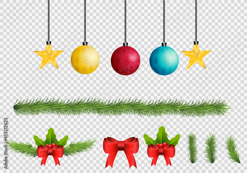 Merry christmas winter holiday realistic symbols set.lamp with pine leaves star gold toy transparent background