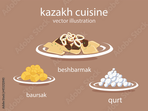 Vector set of national kazakh cuisine, dishes. Beshbarmak, baursak and qurt. photo