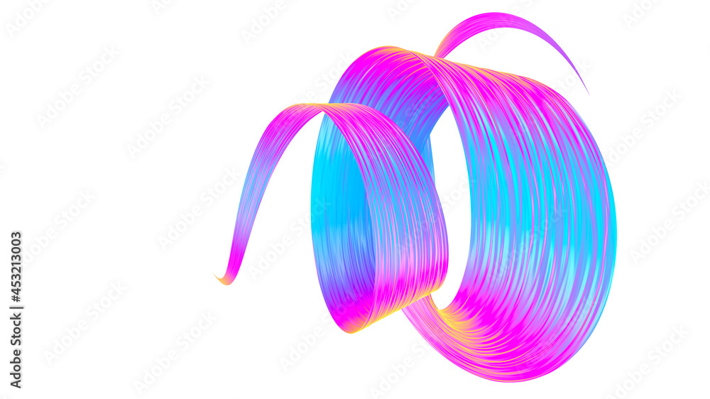 Holographic abstract twisted brush stroke. Bright curl, artistic spiral. 3D rendering image