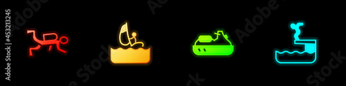 Set Scuba diver, Windsurfing, Jet ski and Swimmer diving into pool icon. Vector