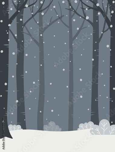 Vector illustration of winter night forest. Snowy forest background.