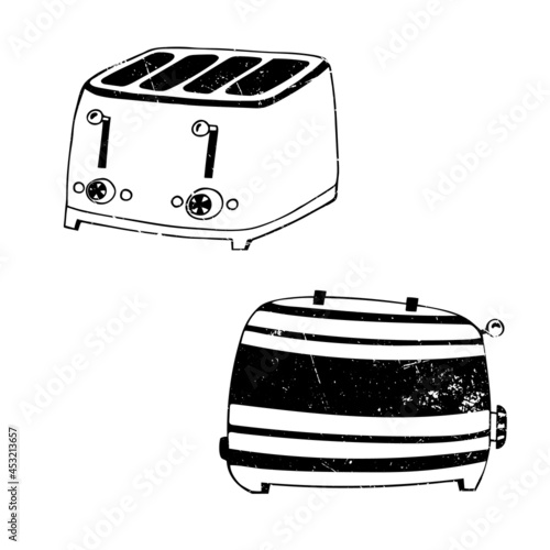 Vector image of toasters in retro style. Illustration. Hand drawing. Black on a white background. Scuff texture