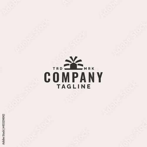 Beach House logo template design with sea wave and palm tree symbol.
