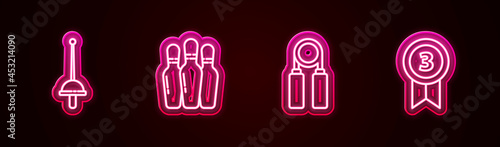 Set line Fencing, Bowling pin, Sport expander and Medal. Glowing neon icon. Vector