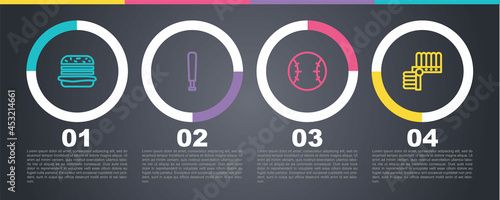 Set line Burger, Baseball bat, and Indian headdress with feathers. Business infographic template. Vector