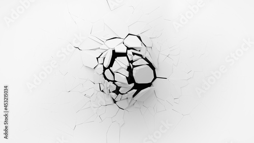 Fototapeta Naklejka Na Ścianę i Meble -  Exploded white wall with stone pieces and cracks. 3D rendering.