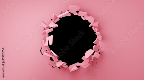 Fototapeta Naklejka Na Ścianę i Meble -  Broken pink wall with stone pieces, cracks and black hole in the middle. 3D rendering.