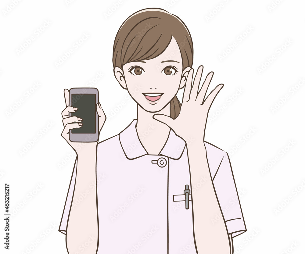 スマートフォンを持ち、呼びかける事務員の女性