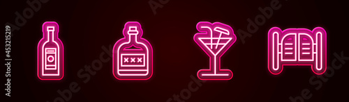 Set line Glass bottle of vodka, Alcohol drink Rum, Cocktail and Saloon door. Glowing neon icon. Vector