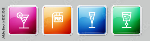 Set line Martini glass, Street signboard with Pub, Glass of champagne and Wine. Colorful square button. Vector