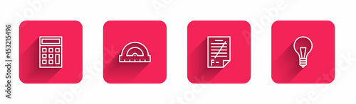Set line Calculator, Protractor, Exam paper with incorrect answers and Light bulb concept of idea with long shadow. Red square button. Vector
