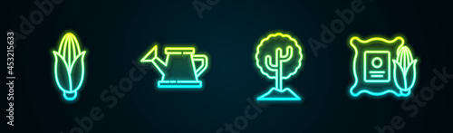 Set line Corn, Watering can, Tree and the sack. Glowing neon icon. Vector