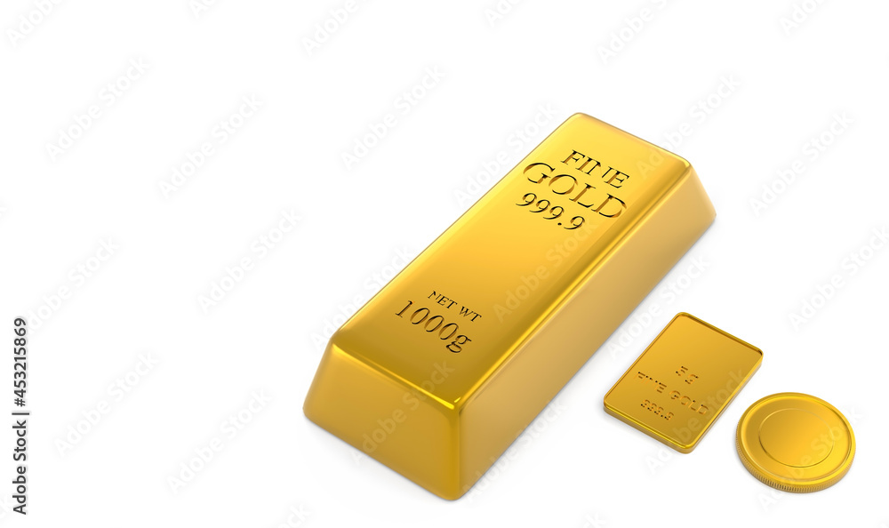 3D illustration of 1000g, 5g gold bullion & gold coins isolated on white background 3D illustration of 1000g, 5g gold bullion & gold coins isolated on white background