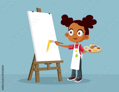 Little African School Girl Painting Vector Cartoon