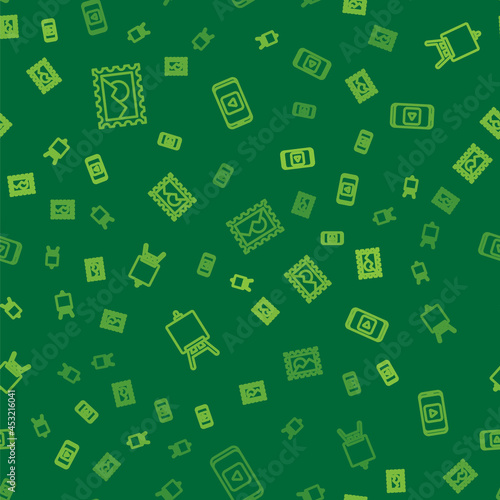 Set line Postal stamp, Easel or painting art boards and Online play video on seamless pattern. Vector