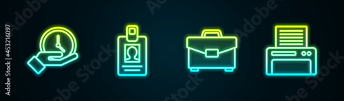 Set line Clock, Identification badge, Briefcase and Printer. Glowing neon icon. Vector