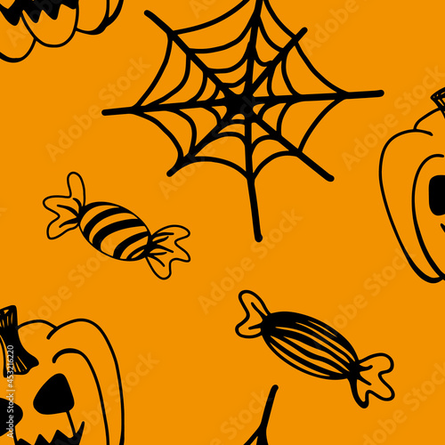 Vector halloween seamless pattern pumpkins, cob web, sweets and candies clipart on the orange. Funny, cute illustration for seasonal design, textile, decoration kids playroom or greeting card. 