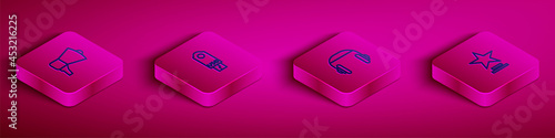 Set Isometric line Megaphone, USB flash drive, Headphones and Movie trophy icon. Vector