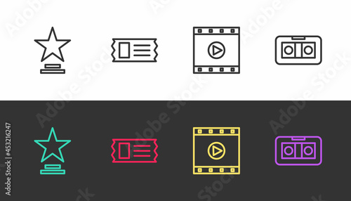 Set line Movie trophy, Cinema ticket, Play Video and VHS video cassette tape on black and white. Vector