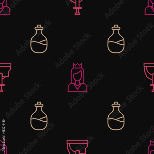 Set line Sword in the stone, Old bottle of wine and Princess on seamless pattern. Vector