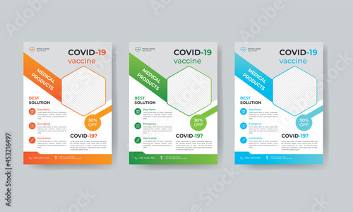 Covid-19 Virus vaccination flyer template a4 design set with cyan green and orange color