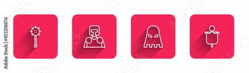 Set line Medieval chained mace ball, knight, Executioner mask and flag with long shadow. Red square button. Vector