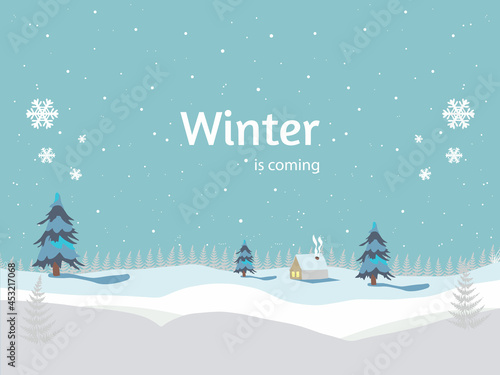 winter is coming. falling snow, landscape for winter and new year holidays. winter banner ilustration.	