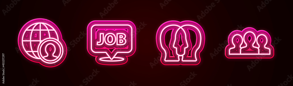 Set line Globe and people, Speech bubble with job, Project team base and Users group. Glowing neon icon. Vector Set line Globe and people, Speech bubble with job, Project team base and Users group. Glowing neon icon. Vector