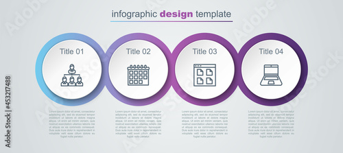 Set line Hierarchy organogram chart, Calendar, Browser files and Laptop. Business infographic template. Vector