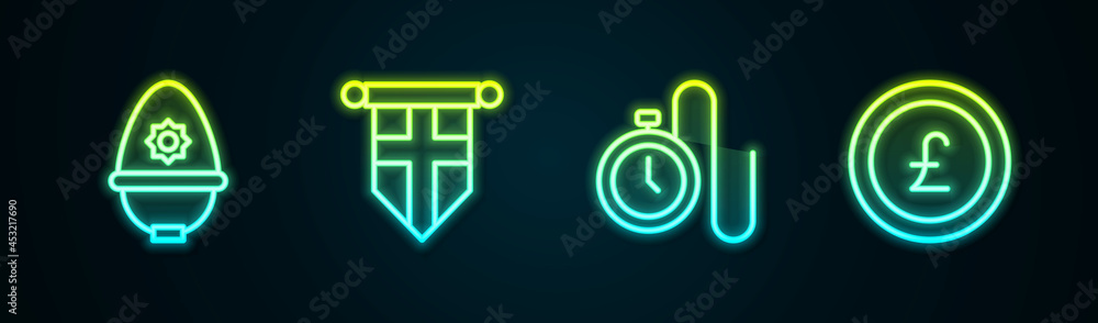 Set line British police helmet, England flag on pennant, Watch with chain and Coin money pound. Glowing neon icon. Vector Set line British police helmet, England flag on pennant, Watch with chain and Coin money pound. Glowing neon icon. Vector
