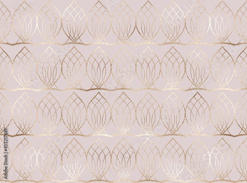 Geometric seamless pattern with gold decorative lace tiles.