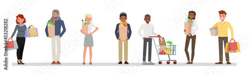 Set of people shopping with bags and carts character vector design. Presentation in various action with different emotions.