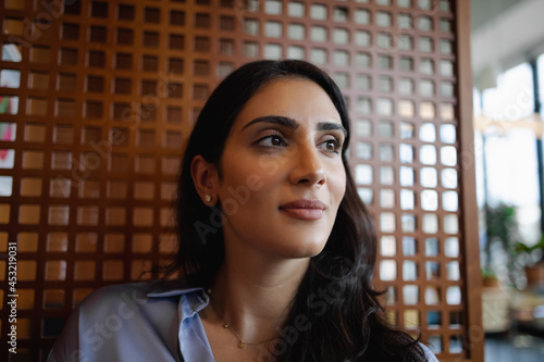 Portrait of adult Middle Eastern woman, business, leadership, visionary with copy-space 